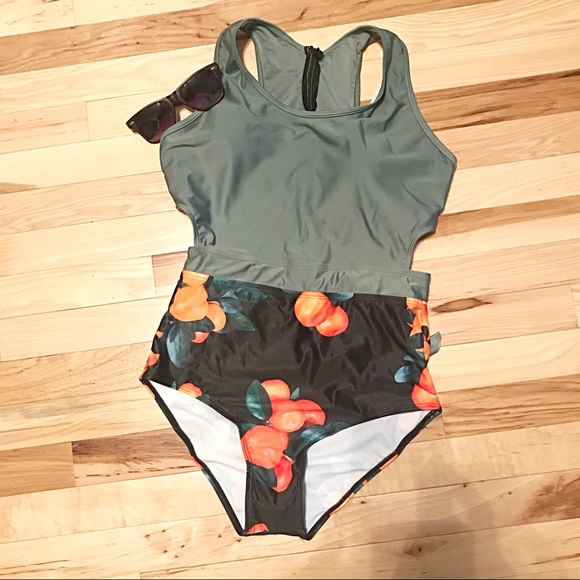 Monokini One-Piece Green Top Black Peach Zipper - Picture 5 of 7